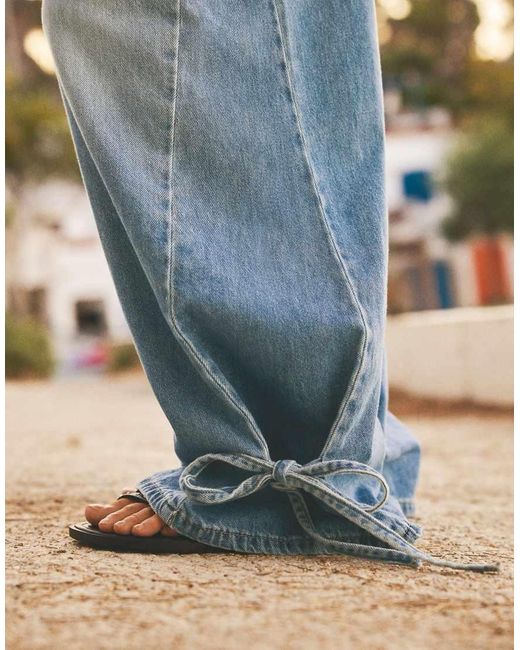Bershka Blue High-waist Barrel Jeans With Ties