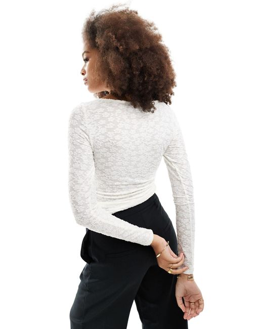 Vero Moda White Long Sleeved Lace Top With Ruching