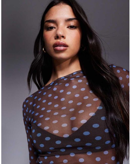 ASOS Top Van Mesh Met Lange Mouwen En Stippen in het Blue
