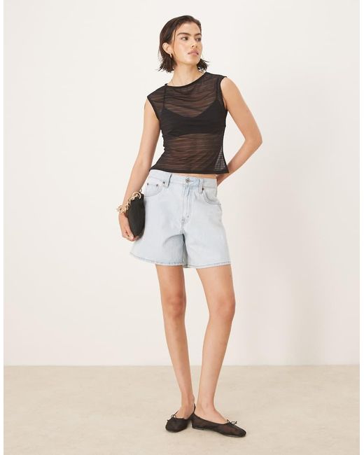 ASOS White Boat Neck Short Sleeve Mesh Shirred Top