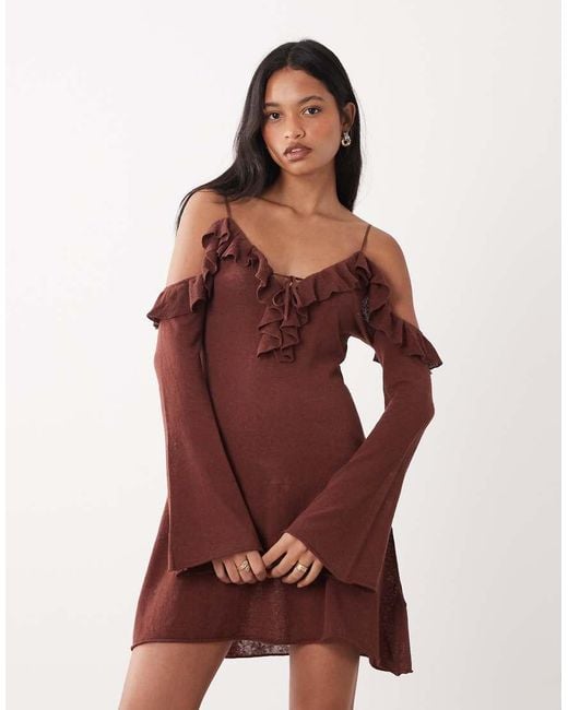 Miss Selfridge Pink Premium Linen Blend Knit Ruffle Cold Shoulder Mini Dress