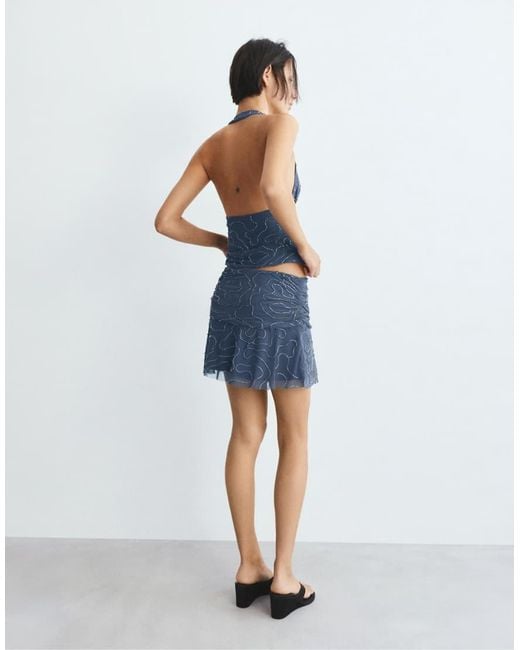 Pull&Bear Blue Beaded Tulle Halter Top