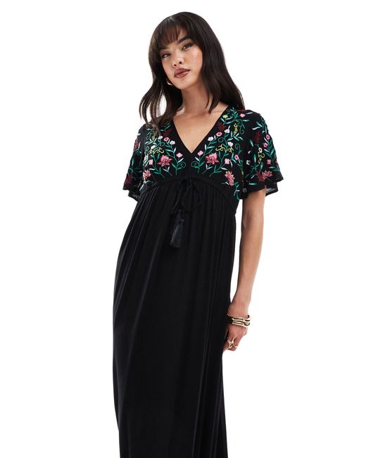 Y.A.S Black Embroidered V Neck Maxi Dress
