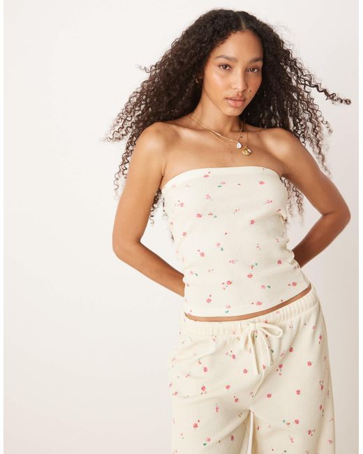 ASOS White – trägerloses longline-oberteil mit waffelstruktur und kleinem zitronenmuster, kombiteil