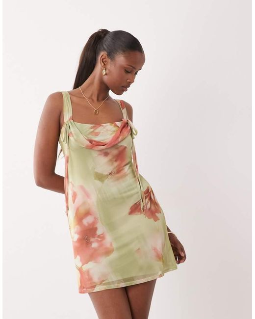 ASOS Natural Mesh Square Neck Mini Dress With Soft Cowl And Tie Detail