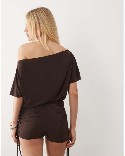 Miss Selfridge Natural Off Shoulder Playsuit With Ruched Short