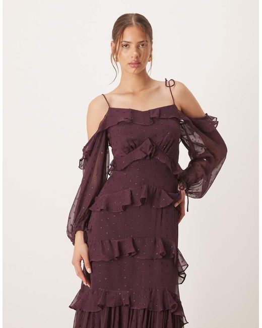 ANAYA Purple Cold Shoulder Ruffle Maxi Dress