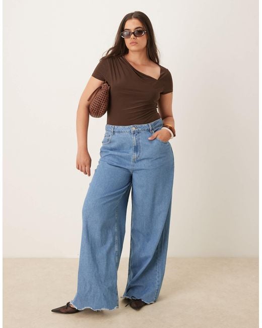 ASOS Brown Asos Design Curve Slinky Short Sleeve Bodysuit With Asymmetric Neckline And Draping