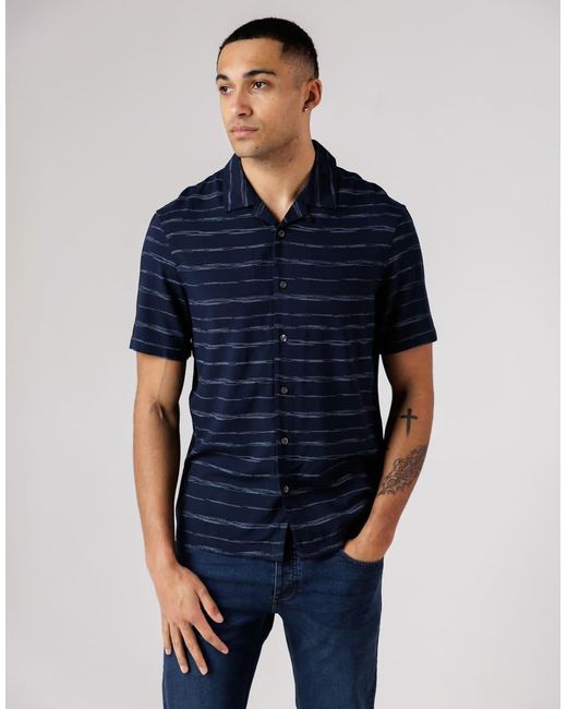 French Connection Blue Horizontal Stripe Print Short Sleeve Shirt for men