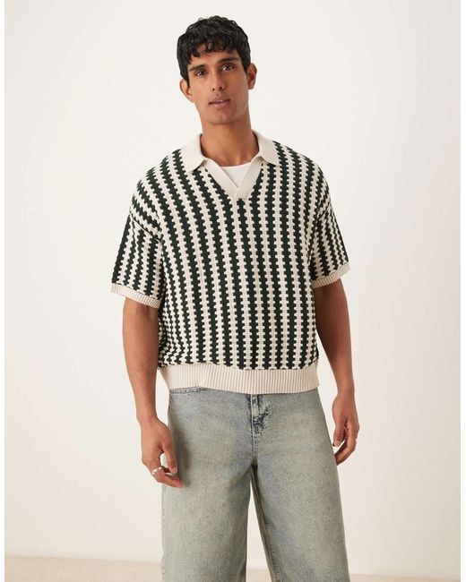 ASOS Green Oversized Knitted Notch Neck Polo With Textured Stripe for men