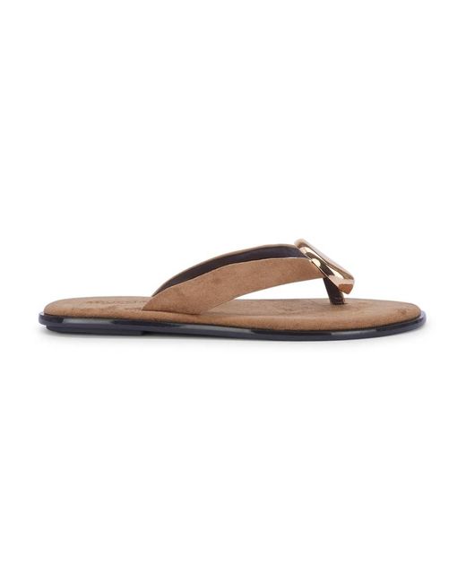 SEQWL Brown Flat Flip-Flops Thong Sandals With Disc Hardware Detail