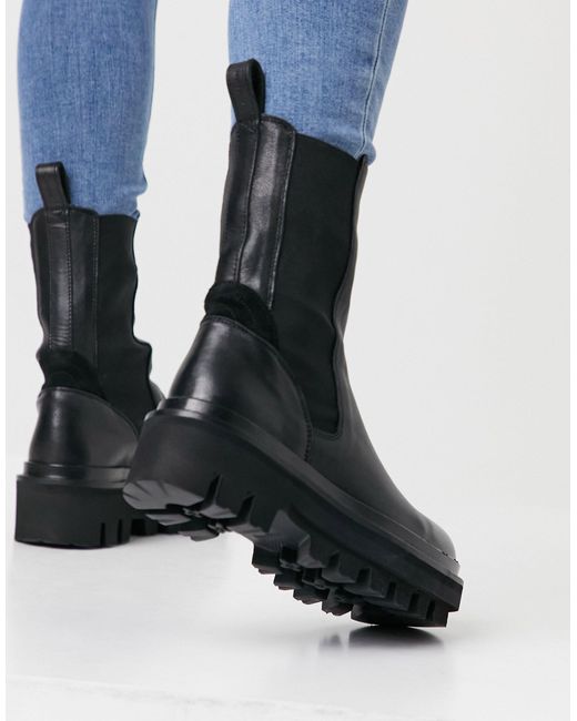 AllSaints Billie Tall Chunky Leather Chelsea Boots in Black | Lyst 
