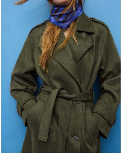 Stradivarius Green – langer trenchcoat aus wildlederimitat