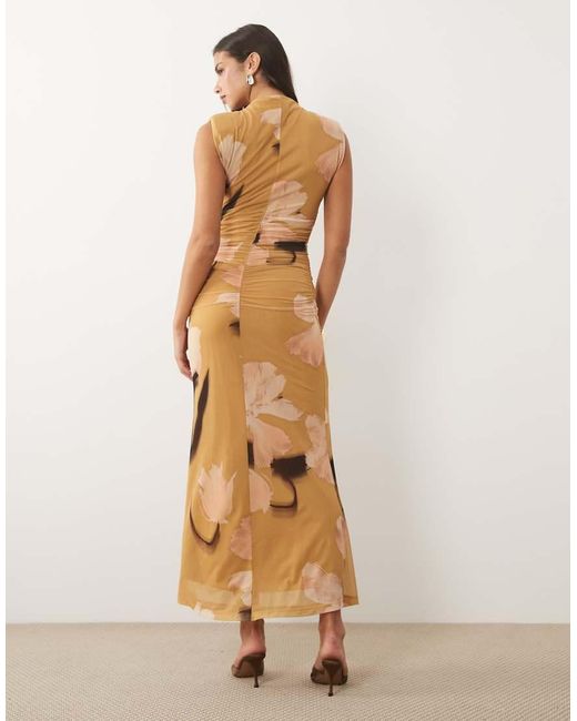 ASOS Natural Printed High Neck Detail Maxi Dress With Shoulder Pads