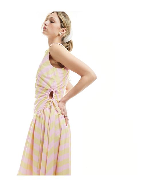 ASOS Natural Chevron Mix Stripe Cut Out Dress With Asym Hem