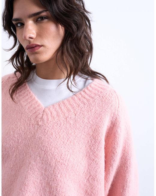 Pull à col v en laine mélangée TOPSHOP en coloris Pink