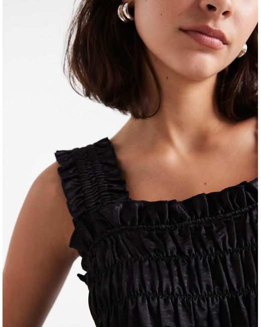 Collusion Black Satin Shirred Smock Top