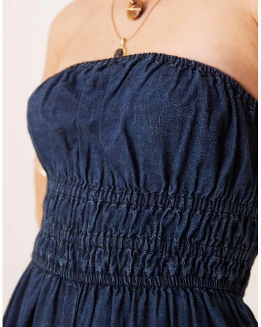 ASOS Blue Soft Denim Strapless Wide Leg Jumpsuit With Shirring Waist