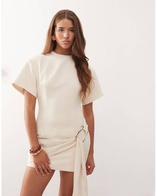 Lioness Natural Martini Structured High Neck Drape Waist Metal Hardware Detail Mini Dress