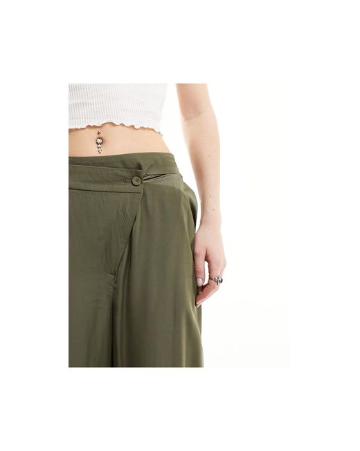 Noisy May Green Wide Leg Satin Trousers With Asymmetric Waistband