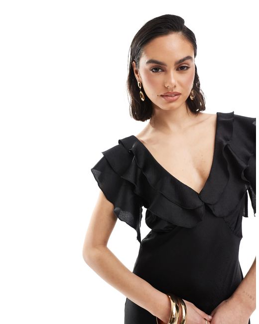 New Look Black Ruffle Sleeve Satin Midi Dress
