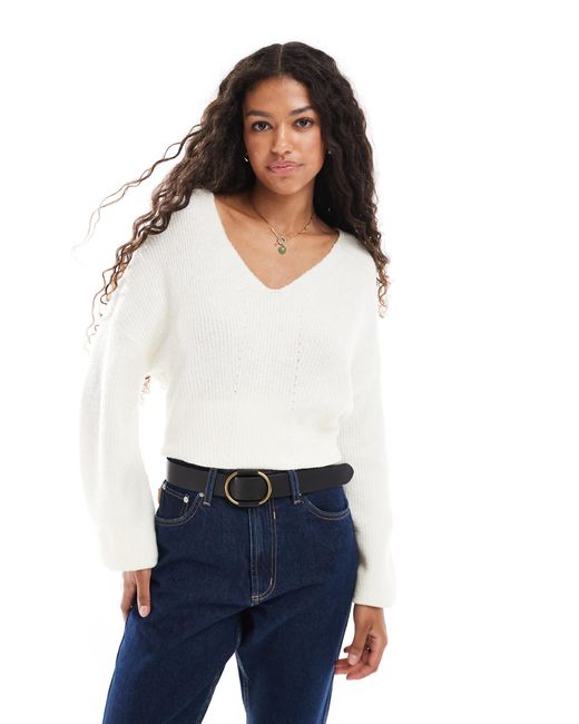 Threadbare White Fluffy V Neck Slouchy Sweater