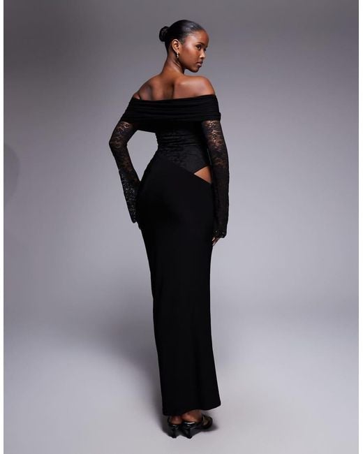 Kaiia Blue Exclusive Double Layered Slinky Lace Off The Shoulder Maxi Dress