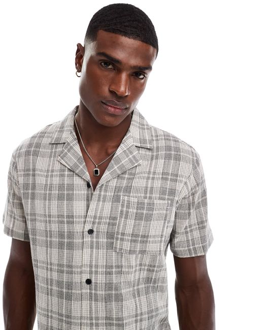 Another Influence Gray Check Revere Collar Short Sleeve Shirt for men