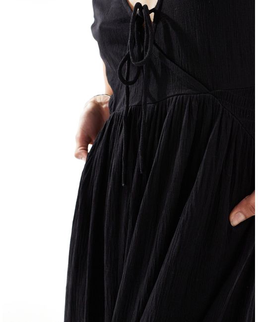 ASOS Black Crinkle Short Sleeve Tie V Neck Front Midaxi Tea Dress