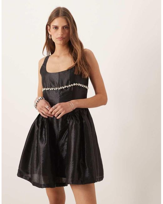 Amy Lynn Natural Diamonte Babydoll Mini Dress With Hip Seam Detail