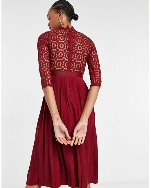 Little Mistress 2 In 1 Crochet Lace Dress With Pleated Skirt In Oxblood in  Red | Lyst Australia