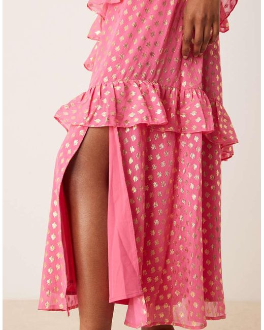 Lovedrobe Pink Flutter Sleeve V Neck Ruffle Midaxi Dress