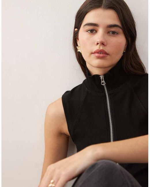 Weekday Black Mock Neck Zip Through Sleeveless Top