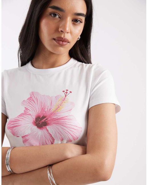 JJXX White Fitted Tee Pink Flower Print