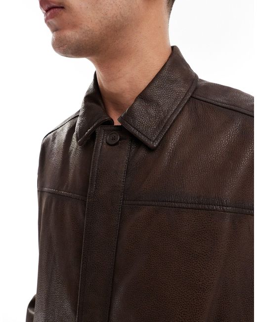 Blouson harrington oversize en cuir véritable - marron délavé ASOS pour homme en coloris Black