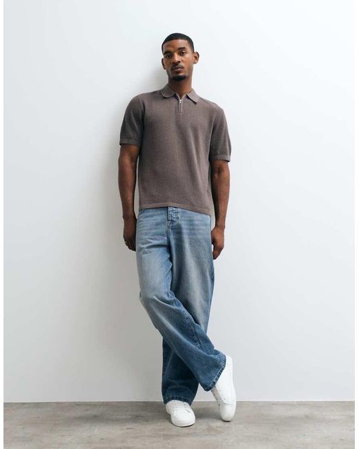 ASOS Gray Relaxed Knitted Pointelle Half Zip Polo for men