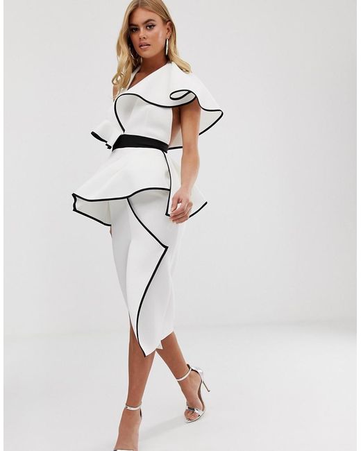 ASOS Midi-jurk Met Halter Met Ruches En Peplum En Een Gekleurd Streepje in het White