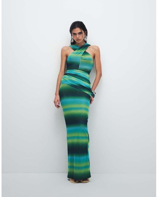 Ruched & Ready Blue Mesh Cross Front Racer Drape Waist Detail Maxi Dress