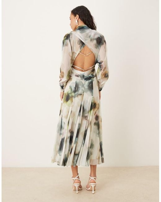 ASOS Natural Long Sleeve Wrap Over Top Dress With Godet Full Skirt And Low Back