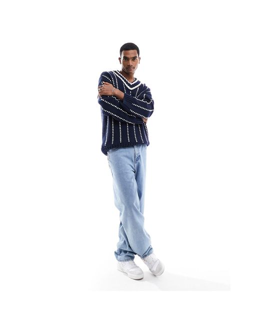 Gant – college-strickpullover mit nadelstreifen und v-ausschnitt aus schafwolle in Blue für Herren