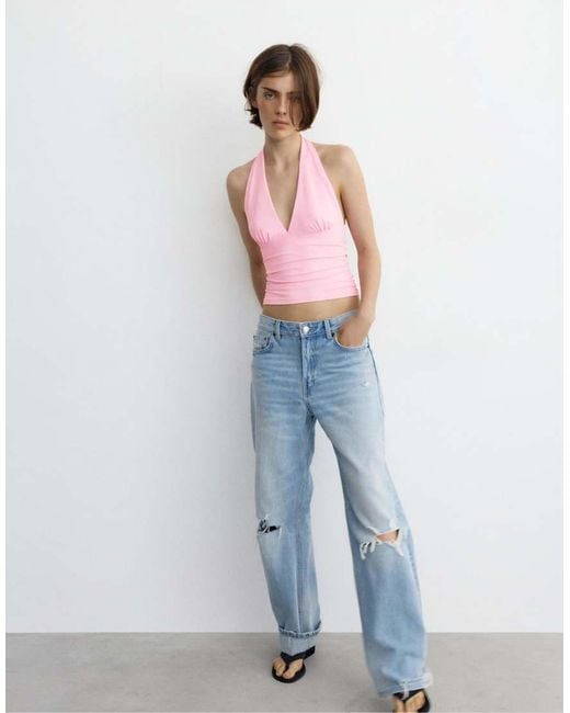 Pull&Bear Pink Halter Neck Top With Gathering