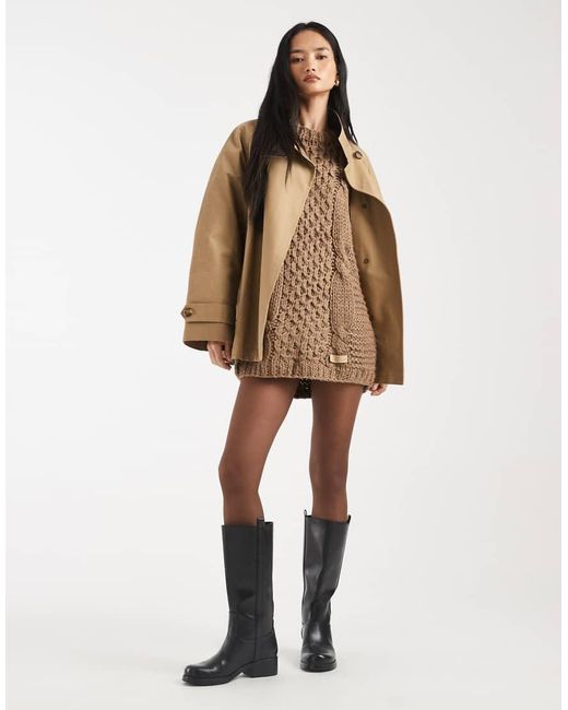 Kiwi & Co Brown Orla Hand-knitted Cable Knit Balloon Sleeve Mini Jumper Dress