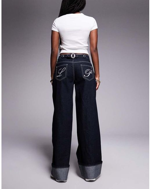 Liquor N Poker Blue Cinch Midrise Turn-up baggy Denim Jeans With Contrast Stitching