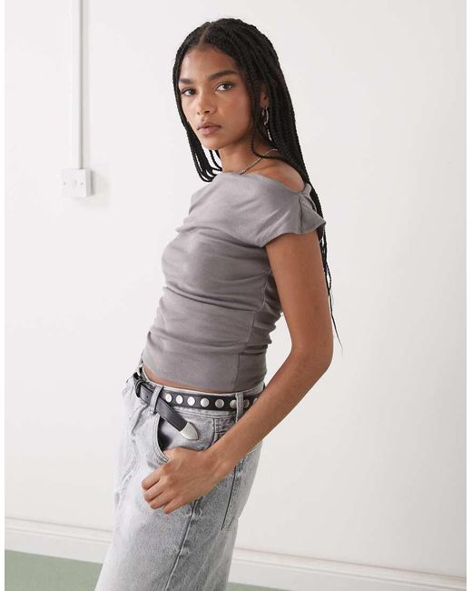 Weekday Gray Semi Sheer Drape Neck Top