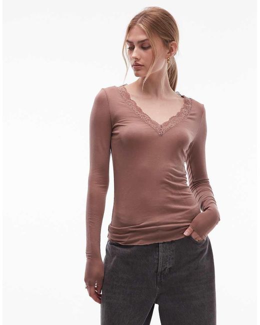 & Other Stories Red Long Sleeve Deep V-neck Lace Trim Top