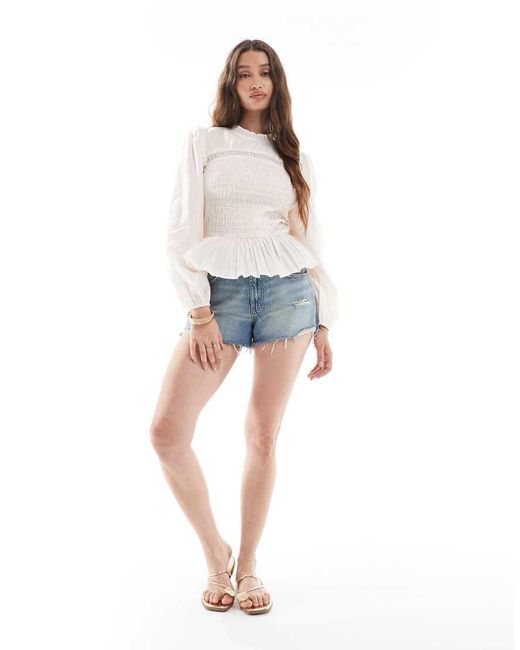 ASOS White Shirred And Lace Insert Detail Long Sleeve Top