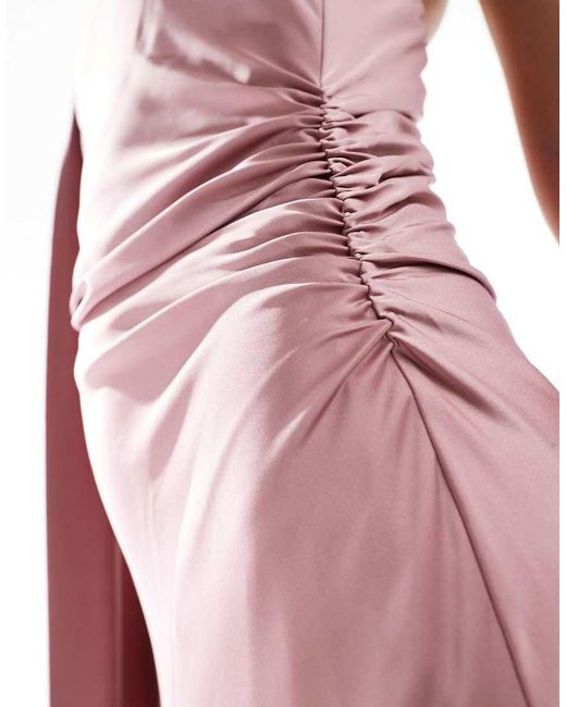 TFNC London Pink Bridesmaids Satin Asymmetric Maxi Dress With Scarf Neck
