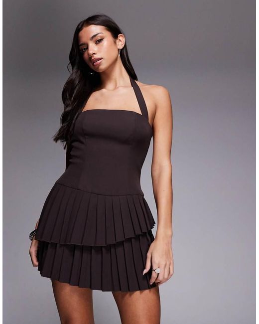 Kaiia Gray Exclusive Tailored Halter Neck Asymmetric Ruffle Tiered Mini Dress