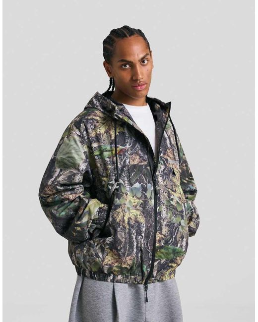 Bershka Gray Leaf-printed Technical Jacket for men