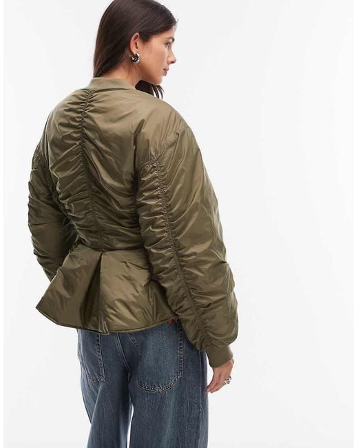 Monki Brown Bomber Jacket With Gathered Detail
